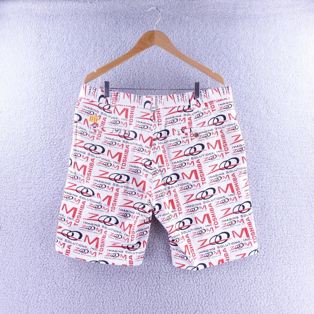 Loudmouth Men Toshiba Zoom Imaging Solutions Golf Shorts White Red Black Size 38 - Picture 2 of 7